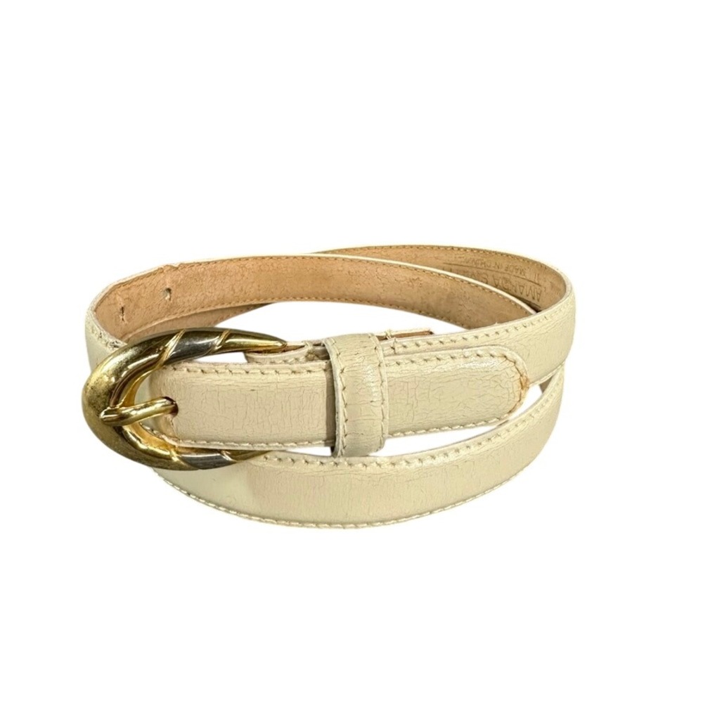 Amanda Smith Cream Genuine Leather Skinny Belt Gold Silver Buckle Size M RN13711